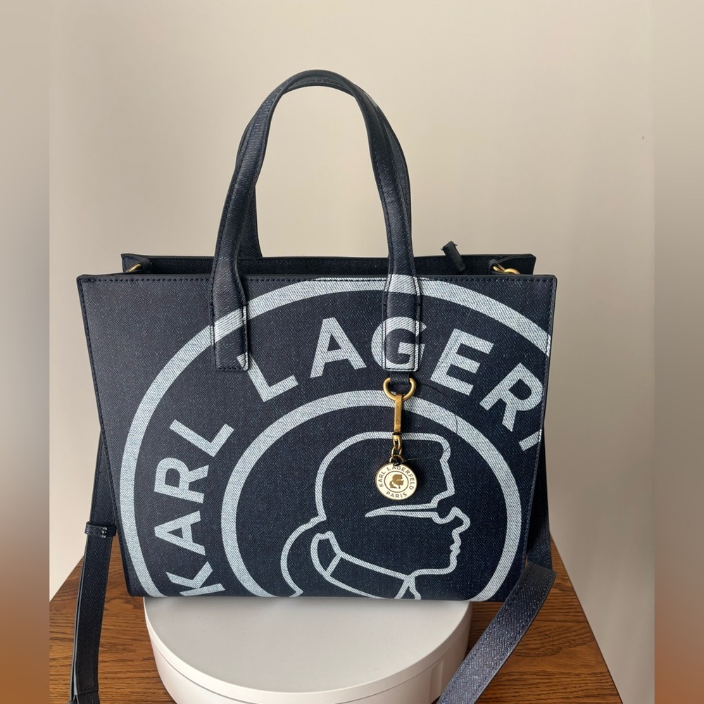 NWT Karl Lagerfeld denim print Tote Bag, adjustable shoulder strap + Dust bag